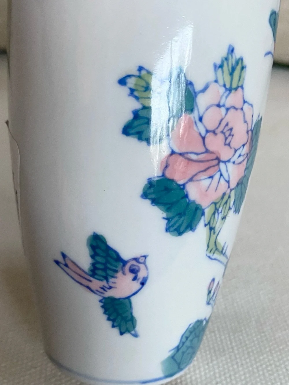 VTG Chinoiserie Porcelain Vase Pink Flowers Birds Butterflies Blue Green 5”